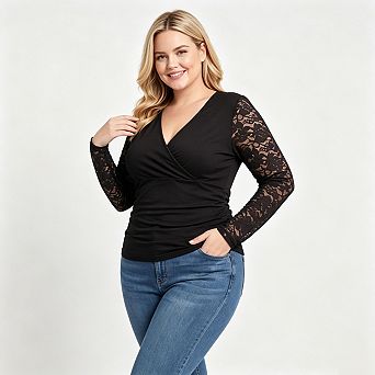 Blueming Plus Size Wrap V Neck Long Sleeves Peplum Tops For Women