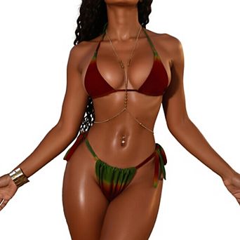 Women’s Tie Dye 2 pc Bikini Set, Triangle Halter Top with Side Tie High Cut Bathing Suit