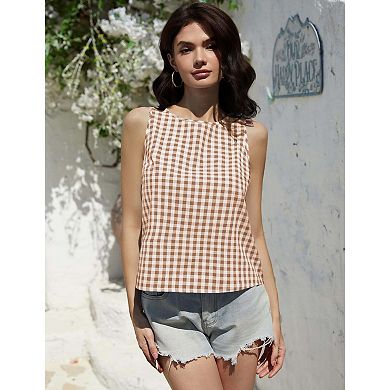 Women's Button-Front Round Neck Sleeveless Plaid Cropped Tank Top