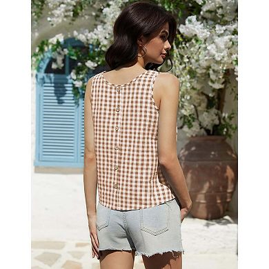 Women's Button-Front Round Neck Sleeveless Plaid Cropped Tank Top