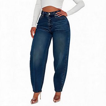 Women Pants High Waist Tapered Ankle Length Vintage Washed Denim Jogger Jeans