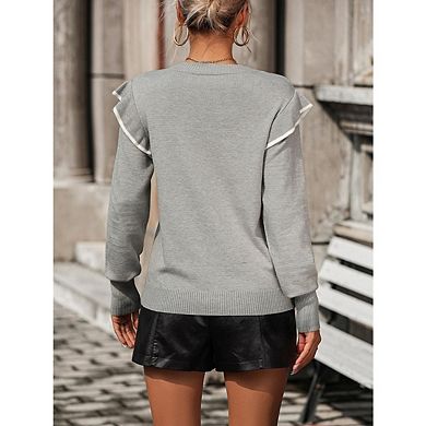 Women's Loose Solid Long Sleeve Tops Crewneck Ruffle Shoulder Knit Pullover Sweater