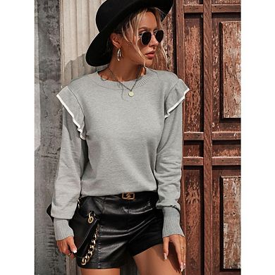 Women's Loose Solid Long Sleeve Tops Crewneck Ruffle Shoulder Knit Pullover Sweater