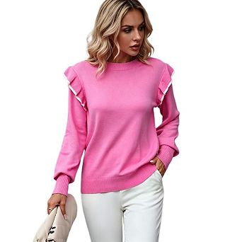 Women's Loose Solid Long Sleeve Tops Crewneck Ruffle Shoulder Knit Pullover Sweater