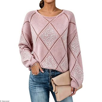 Women's Diamond Hollow Out Sequin Oversized Long Sleeve Crew Neck Knit Pullover Sweater