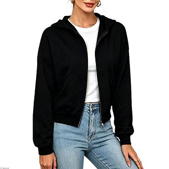 Women's Full Zip Hooded Oversized Sweatshirt Causal Long Sleeve Cropped Jacket with Pockets