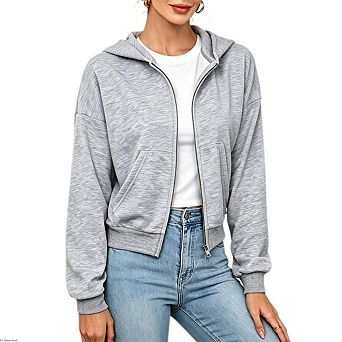 Women's Full Zip Hooded Oversized Sweatshirt Causal Long Sleeve Cropped Jacket with Pockets