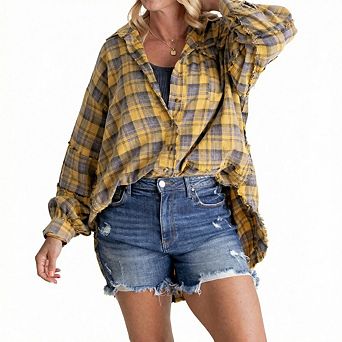 Women's Lantern Long Sleeve Coat Plaid Button Shirt Loose Blouse Tops With One Pocket Frayed Edges
