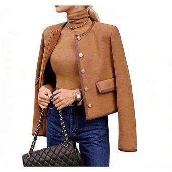 Women's Business Casual Cropped Coat Round Neck Open Front Button Jacket With Side Flap Pockets
