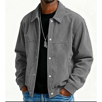 Men's Button Down Shirt Trendy Ribbed Coat Long Sleeve Lightweight Jacket with Side Pockets
