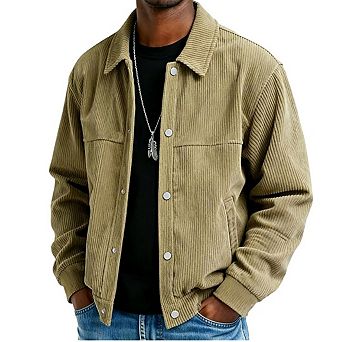 Men's Button Down Shirt Trendy Ribbed Coat Long Sleeve Lightweight Jacket with Side Pockets