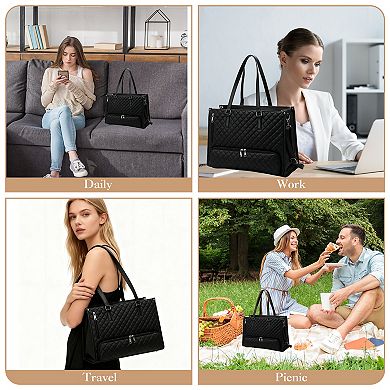 Insulated Laptop Tote-PU Leather Work Briefcase 15.6'' w/Lunch Compartment & Wristlet Pouch