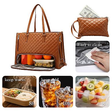 Insulated Laptop Tote-PU Leather Work Briefcase 15.6'' w/Lunch Compartment & Wristlet Pouch