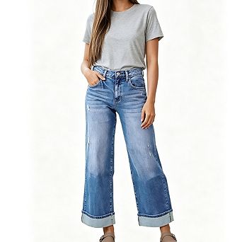 Women High Waist Wide Leg Cropped Jeans Classic Pocket Roll Cuff Loose Fit Casual Denim Pants