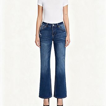 Women Mid Rise Bootcut Jeans Contrast Classic Five Pocket Stretch Washed Denim Casual Jean Pants