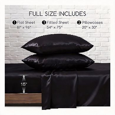 4-piece Satin Sheets Full Size Elastic Corner Straps Silky Bedding Set Deep Pocket Hair Skin