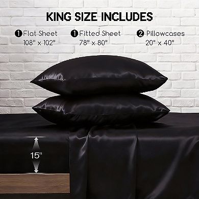 4-piece Satin Sheets King Elastic Straps Silky Bedding Deep Pocket