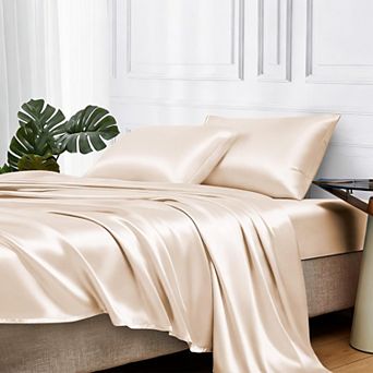 4 pc Satin Sheets King Elastic Straps Silky Bedding Deep Pocket