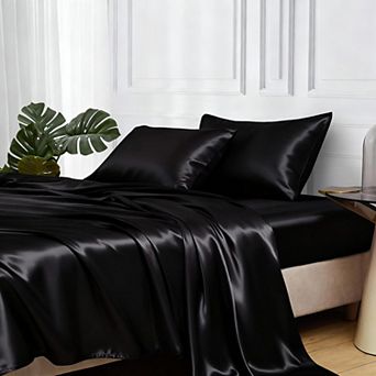 4 pc Satin Sheets King Elastic Straps Silky Bedding Deep Pocket