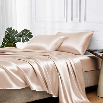 4 pc Satin Sheets King Elastic Straps Silky Bedding Deep Pocket