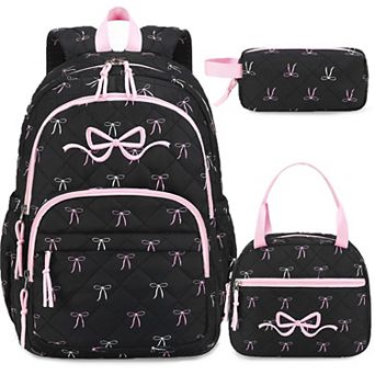 3 pc Quilted Bow School Backpack Set