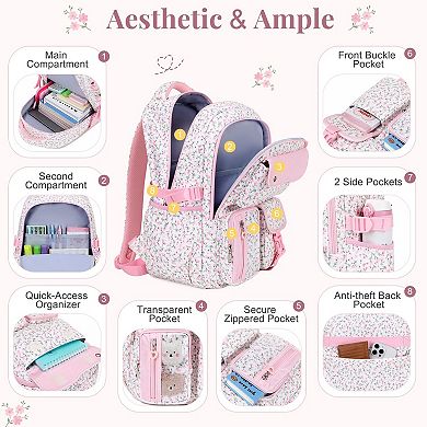 Corduroy Schoolpack Floral Bookbag Multi-pocket