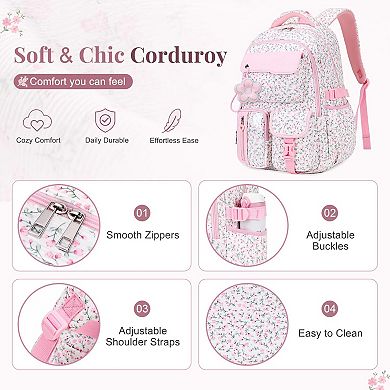 Corduroy Schoolpack Floral Bookbag Multi-pocket