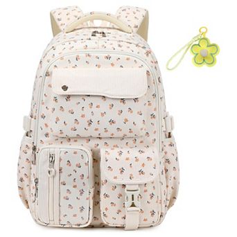 Corduroy Schoolpack Floral Bookbag Multi-pocket