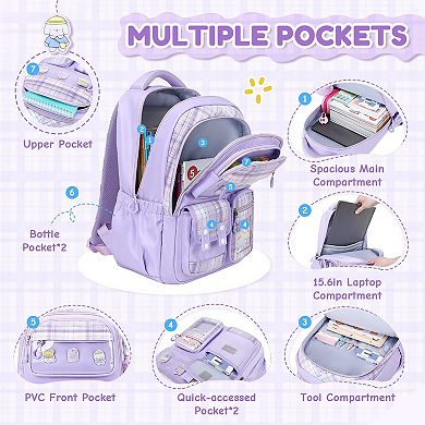 Backpack School Pom Charm Lightweight Water Resistant