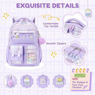 Backpack School Pom Charm Lightweight Water Resistant