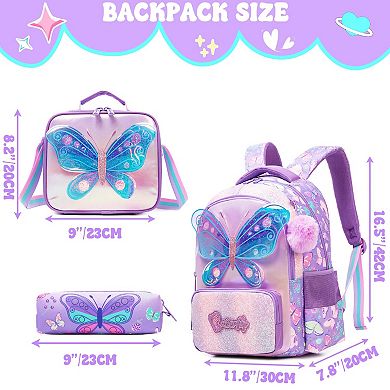 3-in-1 School Backpack Lunch Bag Butterfly Kids