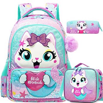 3-in-1 Mermaid Cat School Backpack Lunch Bag Set