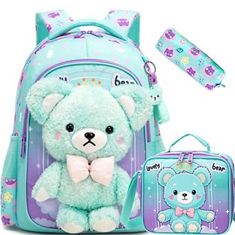 3-in-1 School Backpack Lunch Bag Set Bear Green Kids