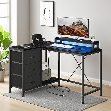 L Shaped Desk with Power Outlets and Led Lights