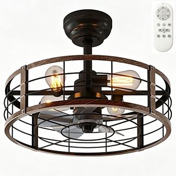 20 Inch Caged & Flush Mount Ceiling Fan with Light, 3 Color, 6-Speed, Black & Brushed Finish