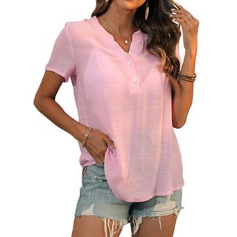 Women Notch V Neck Half Button Short Sleeve Blouse Loose Fit Textured Summer Casual Tunic Tops
