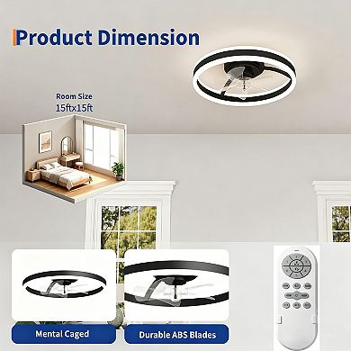 20" Ceiling Fan with Light, Low Profile Flush Mount LED Fandelier with Remote, 6 Speeds, 3 Color
