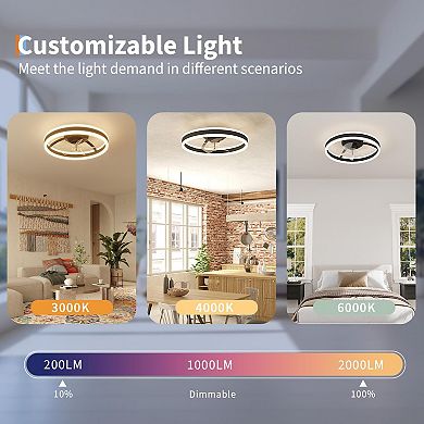 20" Ceiling Fan with Light, Low Profile Flush Mount LED Fandelier with Remote, 6 Speeds, 3 Color