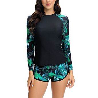 Womens Leaf Print Rashguard Set Long Sleeve Crew Neck Swim Top High Cut Swim Shorts