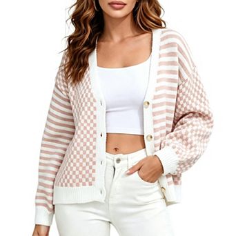 Women's V Neck Mixed Checkerboard Sweater Stripe Button Front Loose Long Sleeve Knit Cardigan