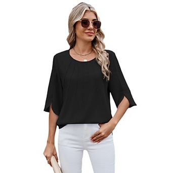 Women Round Neck Pleated Blouse Split 3/4 Sleeve Loose Rayon Casual Shirt Top
