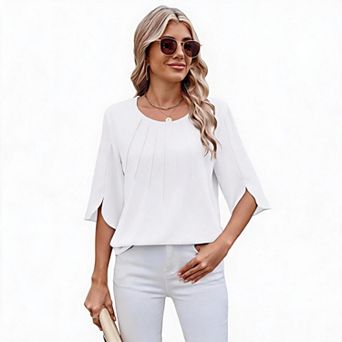Women Round Neck Pleated Blouse Split 3/4 Sleeve Loose Rayon Casual Shirt Top