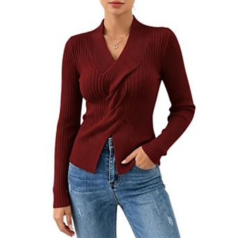 Women's V Neck Twist Front Sweater Ribbed Fitted Long Sleeve Split Hem Knit Top