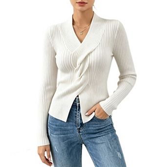 Women's V Neck Twist Front Sweater Ribbed Fitted Long Sleeve Split Hem Knit Top
