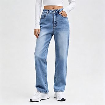 Women's High Waist Stretch Fleece Lined Straight Leg Long Pants Warm Winter Denim Jeans Pockets
