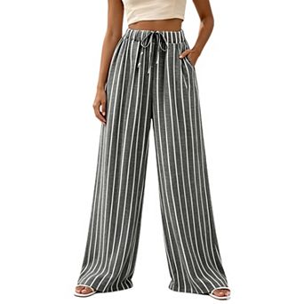 Womens Striped Wide Leg Pants Palazzo Drawstring Lounge Pants Casual Elastic Waist Trousers