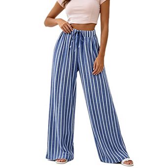 Womens Striped Wide Leg Pants Palazzo Drawstring Lounge Pants Casual Elastic Waist Trousers