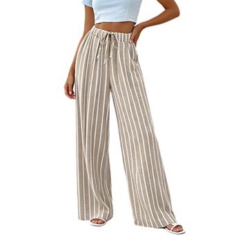 Womens Striped Wide Leg Pants Palazzo Drawstring Lounge Pants Casual Elastic Waist Trousers