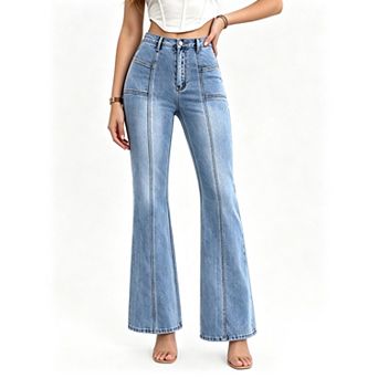 Women's High Rise Stretch Denim Vertical Seam Slim Long Pants Summer Casual Leg Jeans Pockets