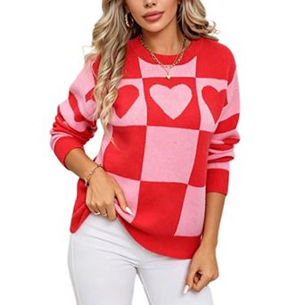 Women's Oversized Sweater Crew Neck Checkered Long Sleeve Pullover Knit Top for Holiday